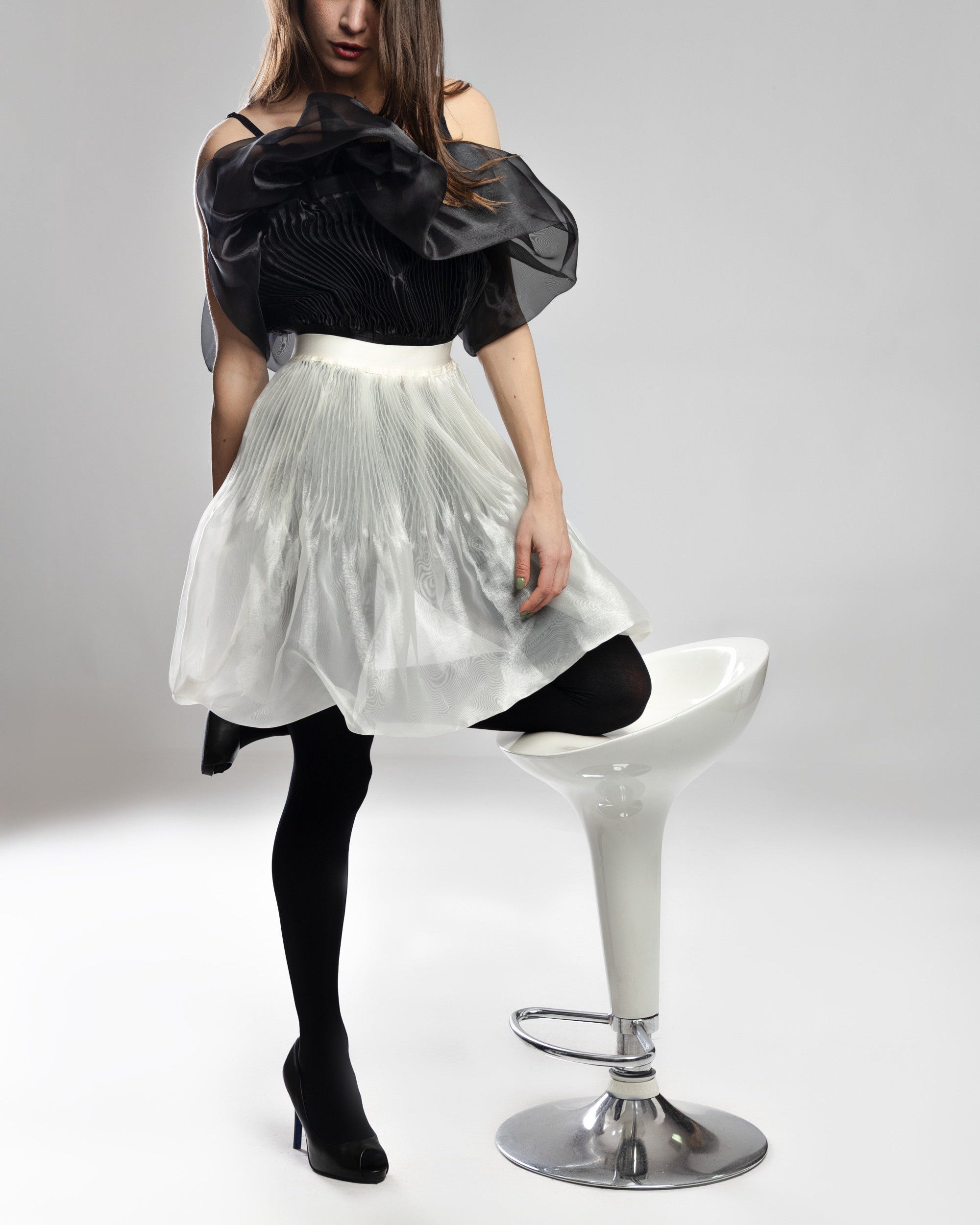 Blooming Pearl Sculptural Organza Transparent White Pleated Skirt