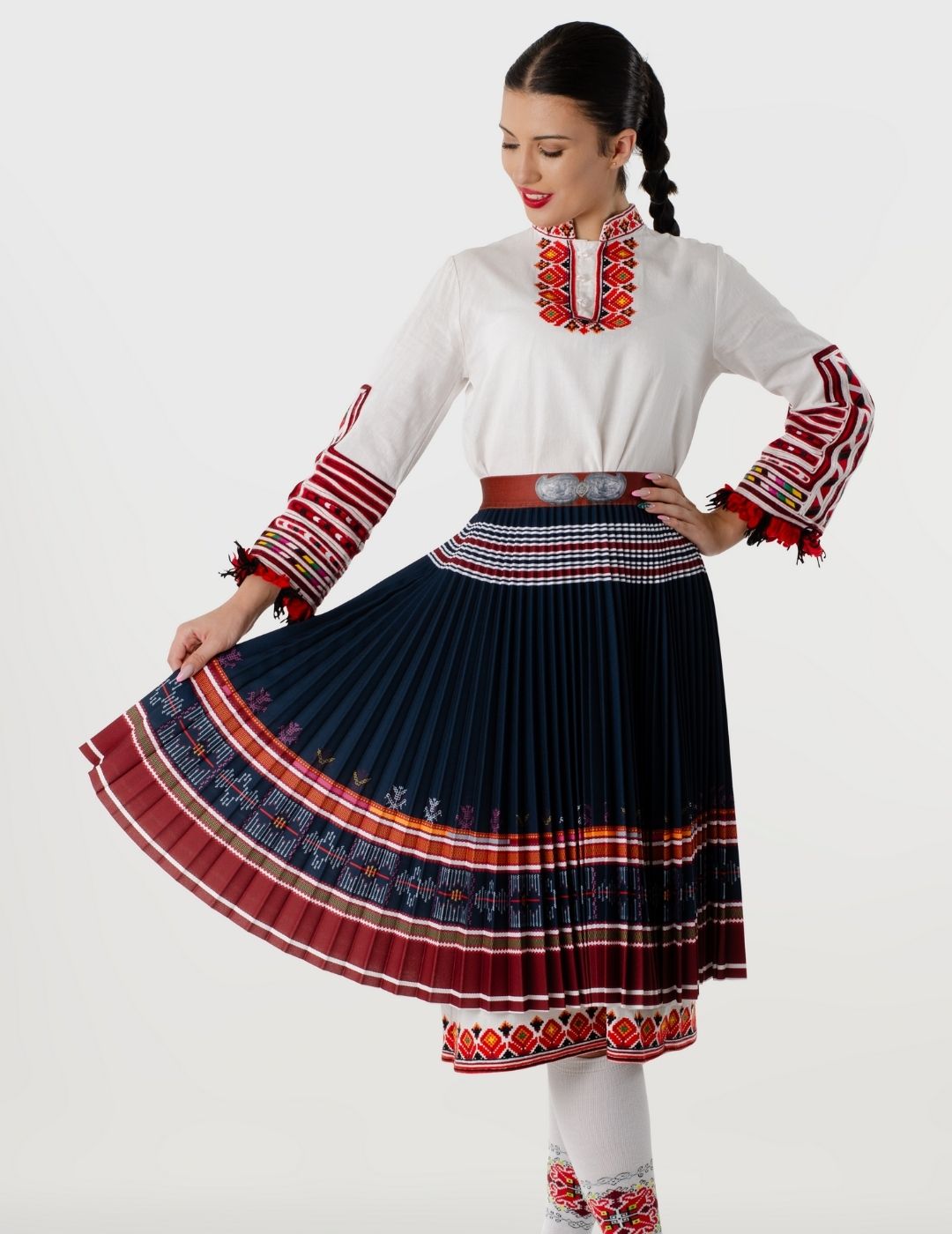 Bulgarian Heritage Pleated Skirt in Dark Blue