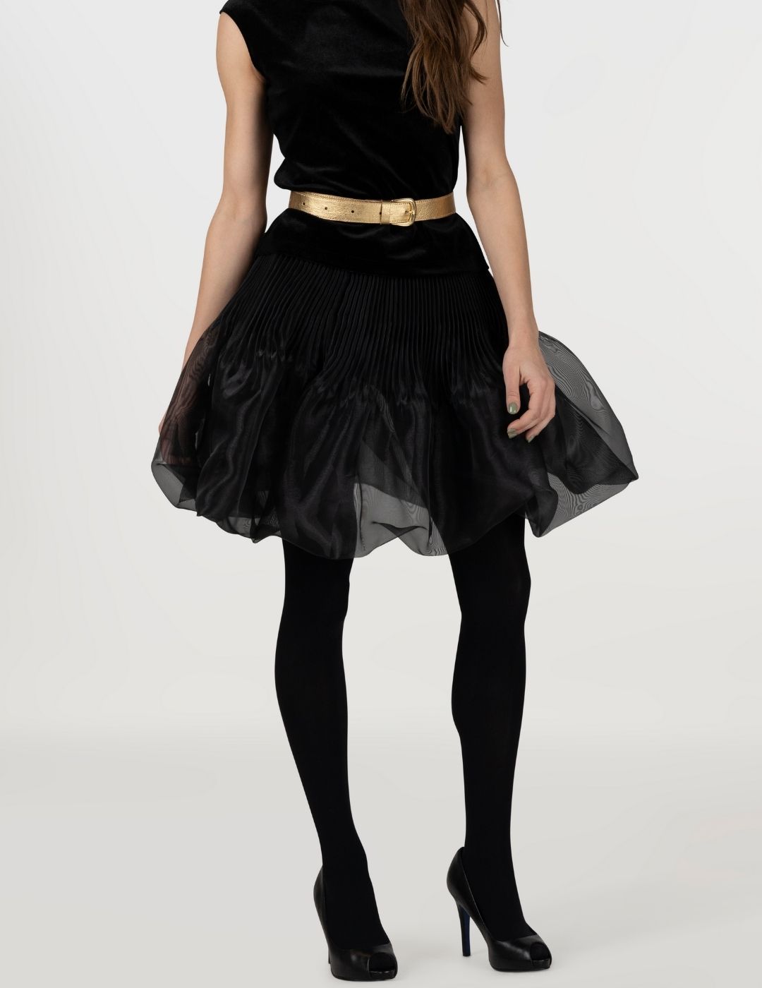 Blooming Noir Sculptural Organza Transparent Pleated Skirt