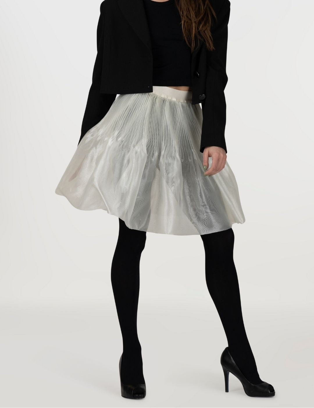 Blooming Pearl Sculptural Organza Transparent White Pleated Skirt