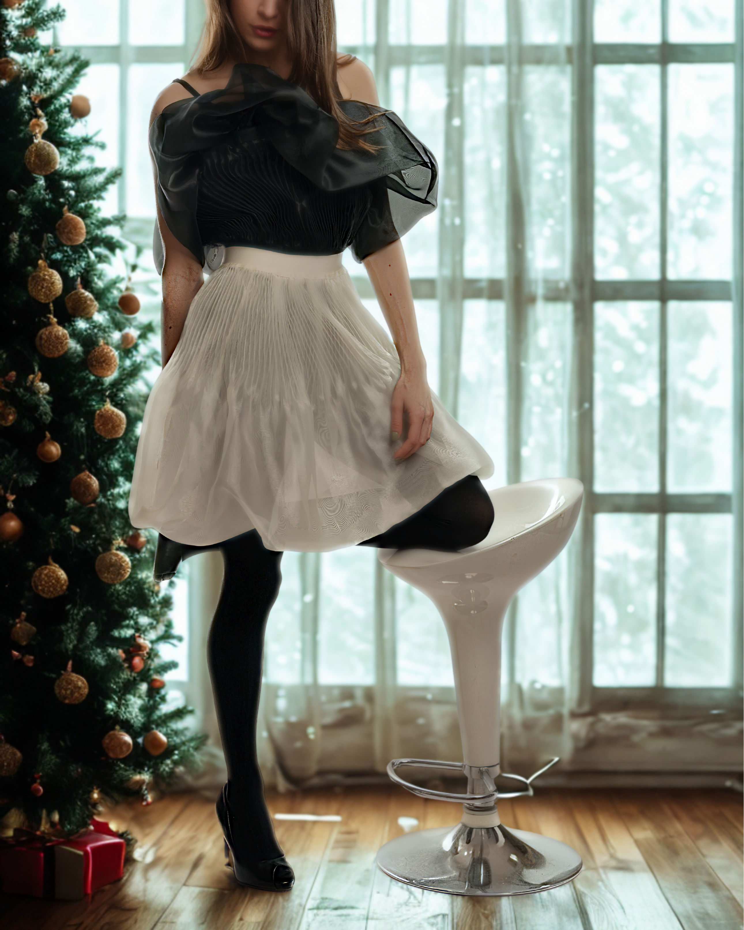 Blooming Pearl Sculptural Organza Transparent White Pleated Skirt