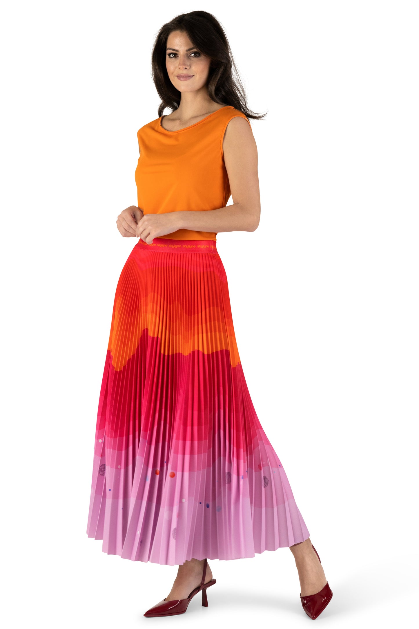 Tangerine Dusk Long Pleated Skirt