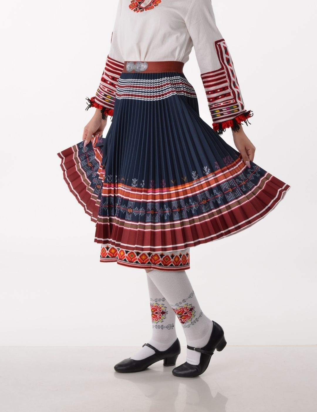 Bulgarian Heritage Pleated Skirt in Dark Blue