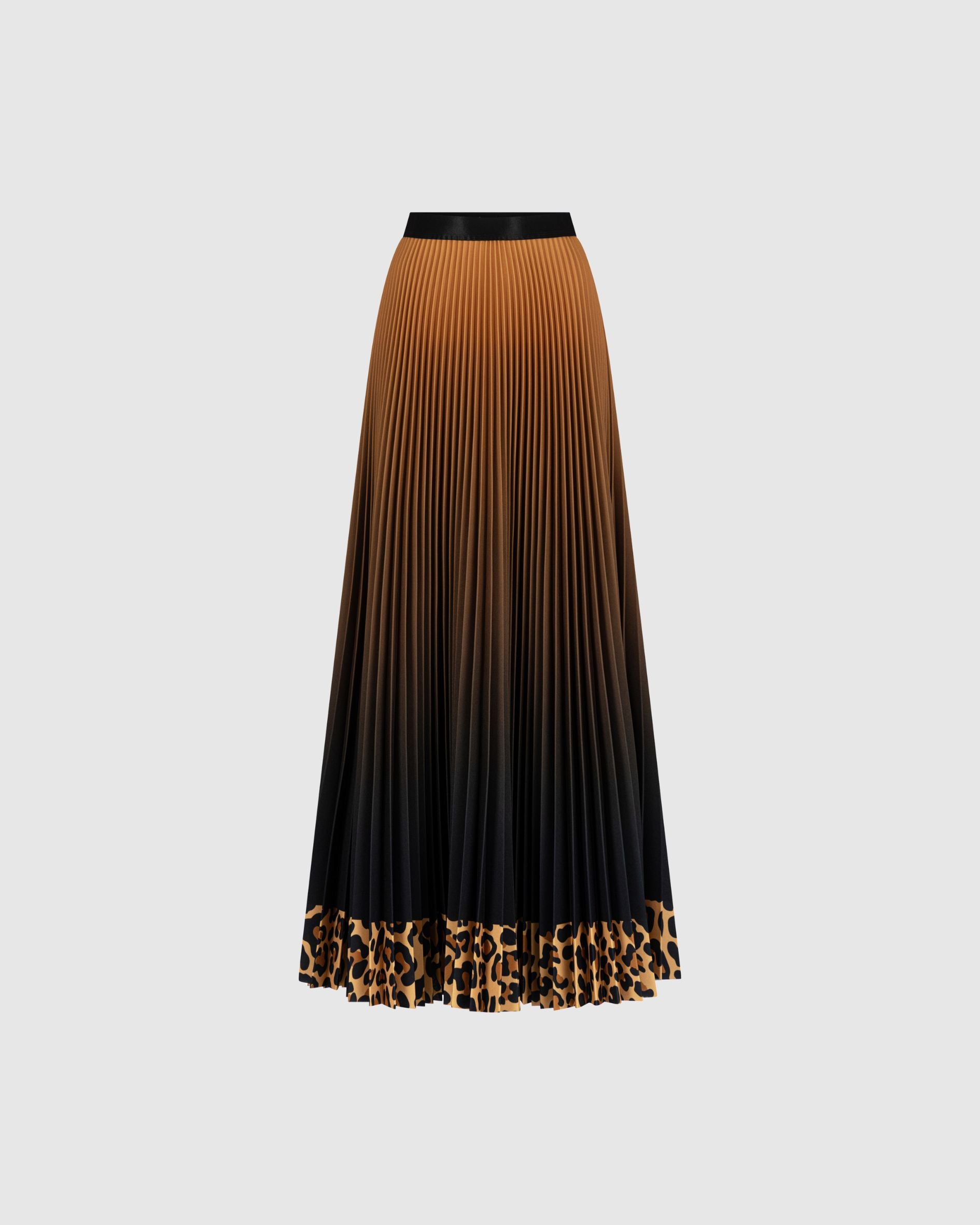 Jungle Espresso Leopard Long Pleated Skirt