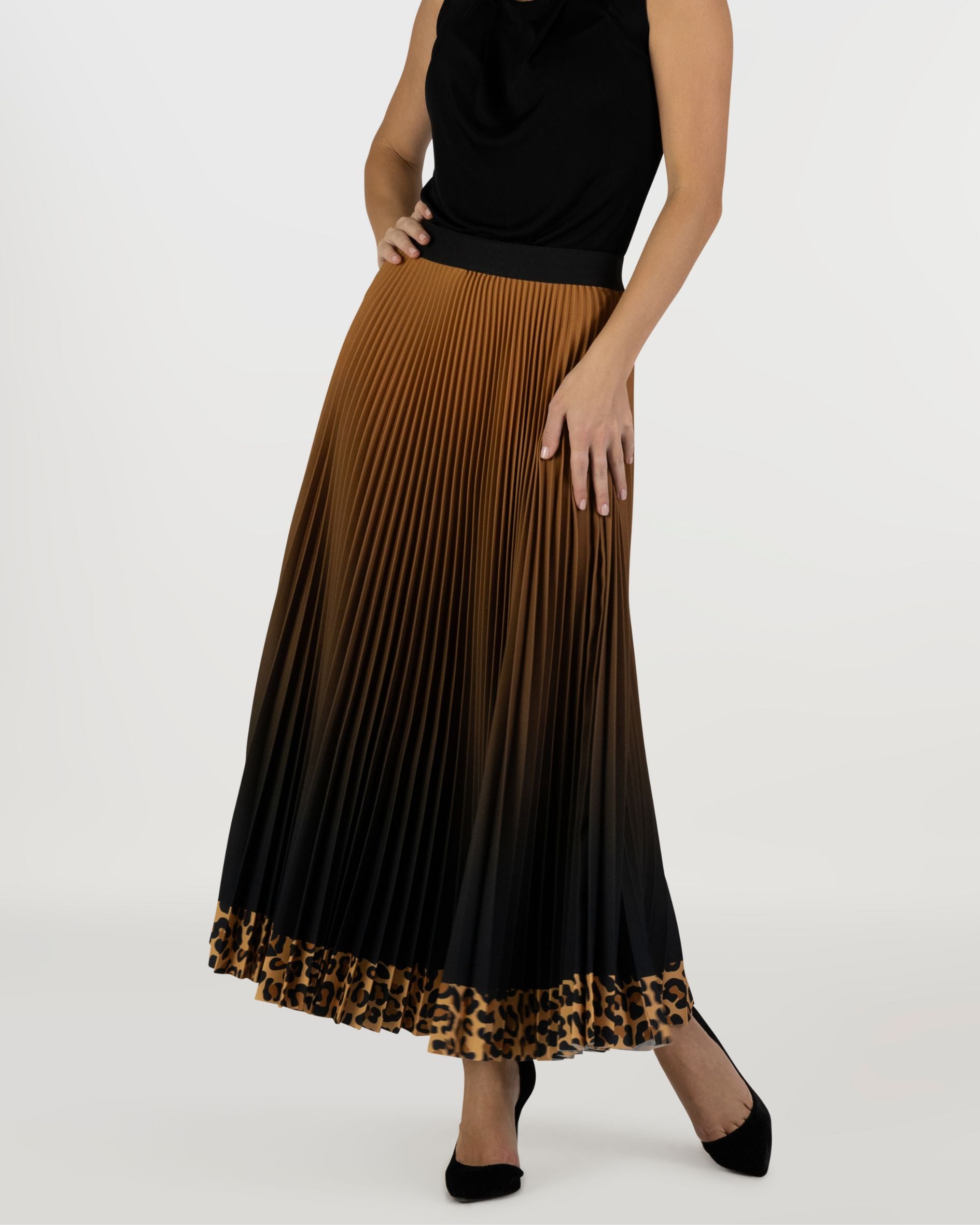 Jungle Espresso Leopard Long Pleated Skirt
