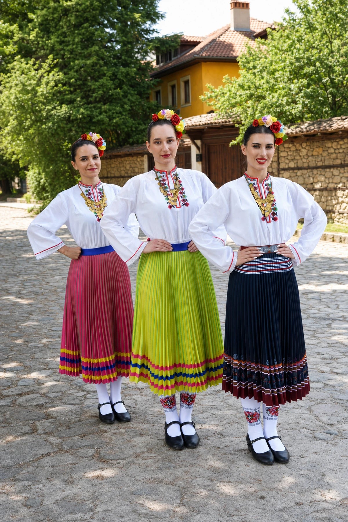 Three women wearing Stylyne skirts with Bulgarian folk dress