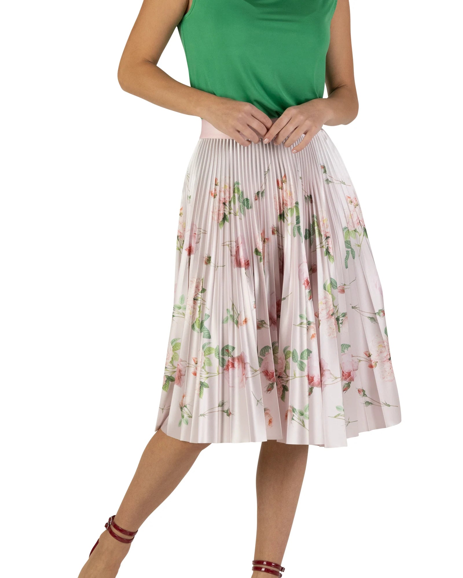 Model wearing the floral Madre Primavera satin twill skirt